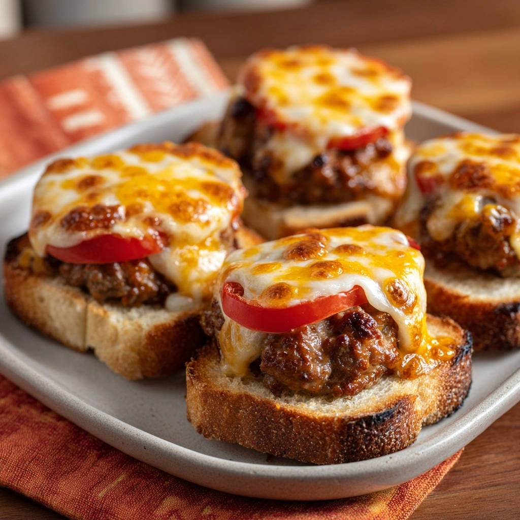 Mini meatball melts with melted cheese and a tomato slice, served on toasted bread.