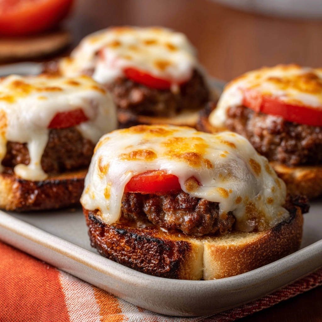 Mini meatball melts with melted cheese and a tomato slice on toasted bread, served on a plate.