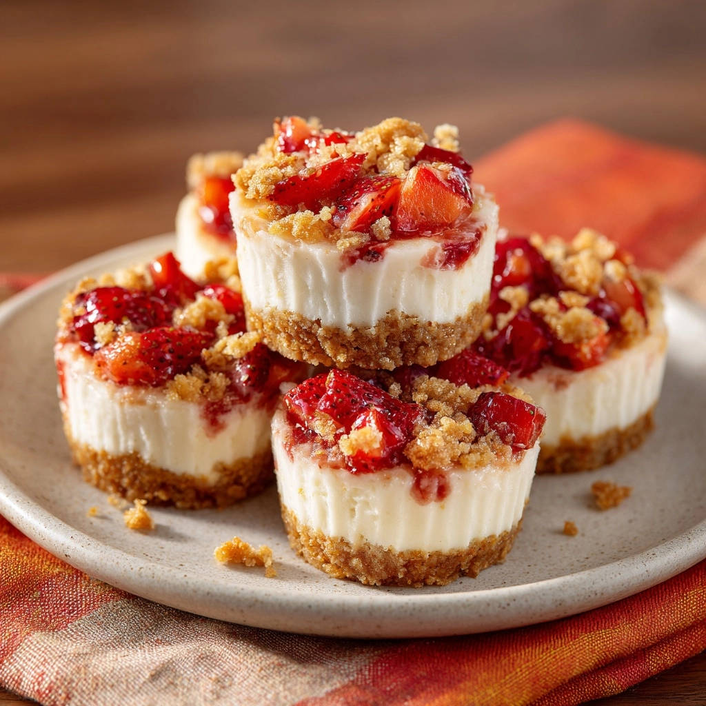 Mini strawberry crumble cheesecakes are stacked on a plate, showcasing their creamy filling and fruit topping.