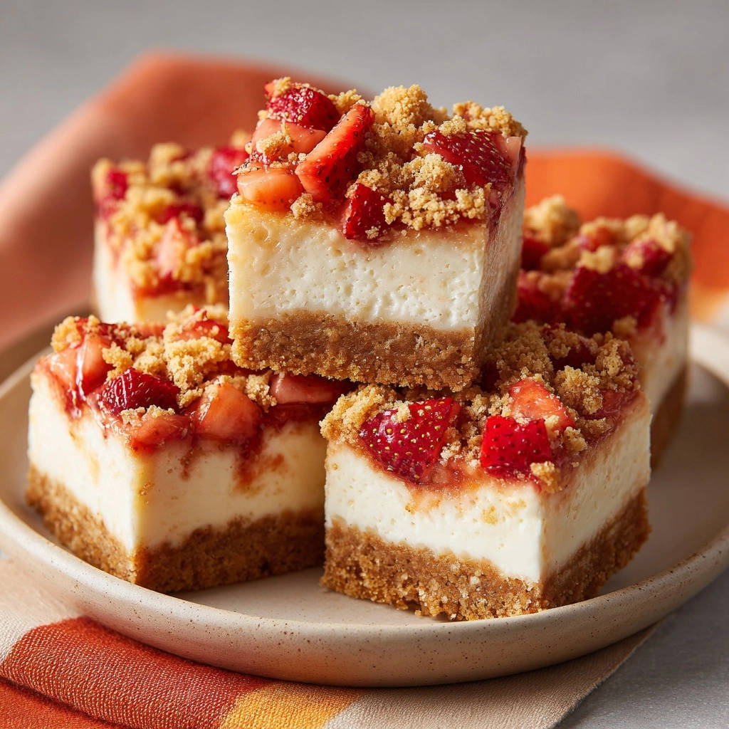 Mini strawberry crumble cheesecakes are stacked on a plate, showcasing their graham cracker crust and creamy filling.