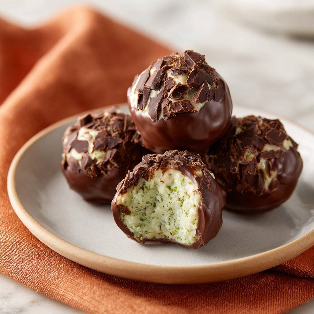 Minty chocolate dream truffles showing a creamy green interior and dark chocolate coating with chocolate shavings.