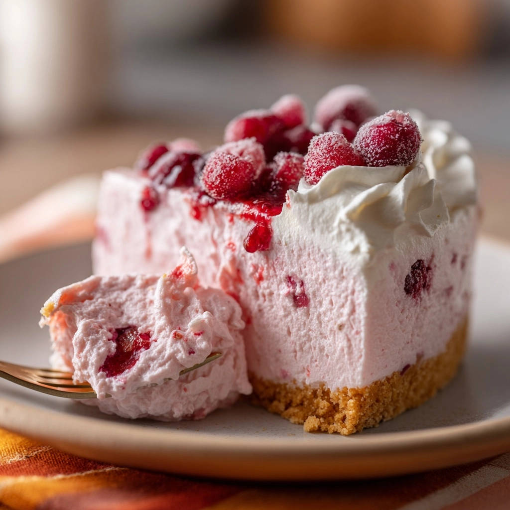 No-bake cranberry dream pie with a fork lifting a fluffy slice showing the interior with cranberries.