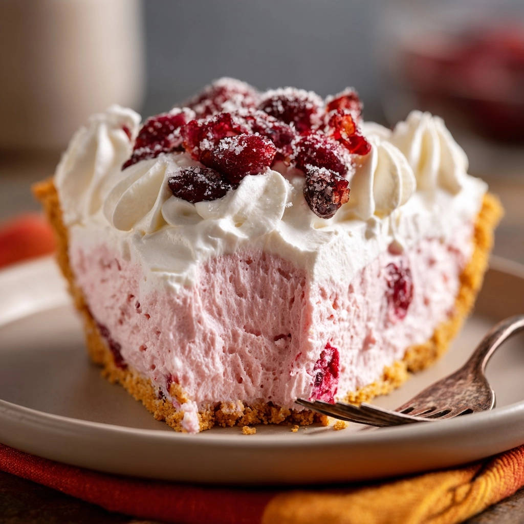 No-bake cranberry dream pie slice showing its fluffy pink interior and cranberry topping.