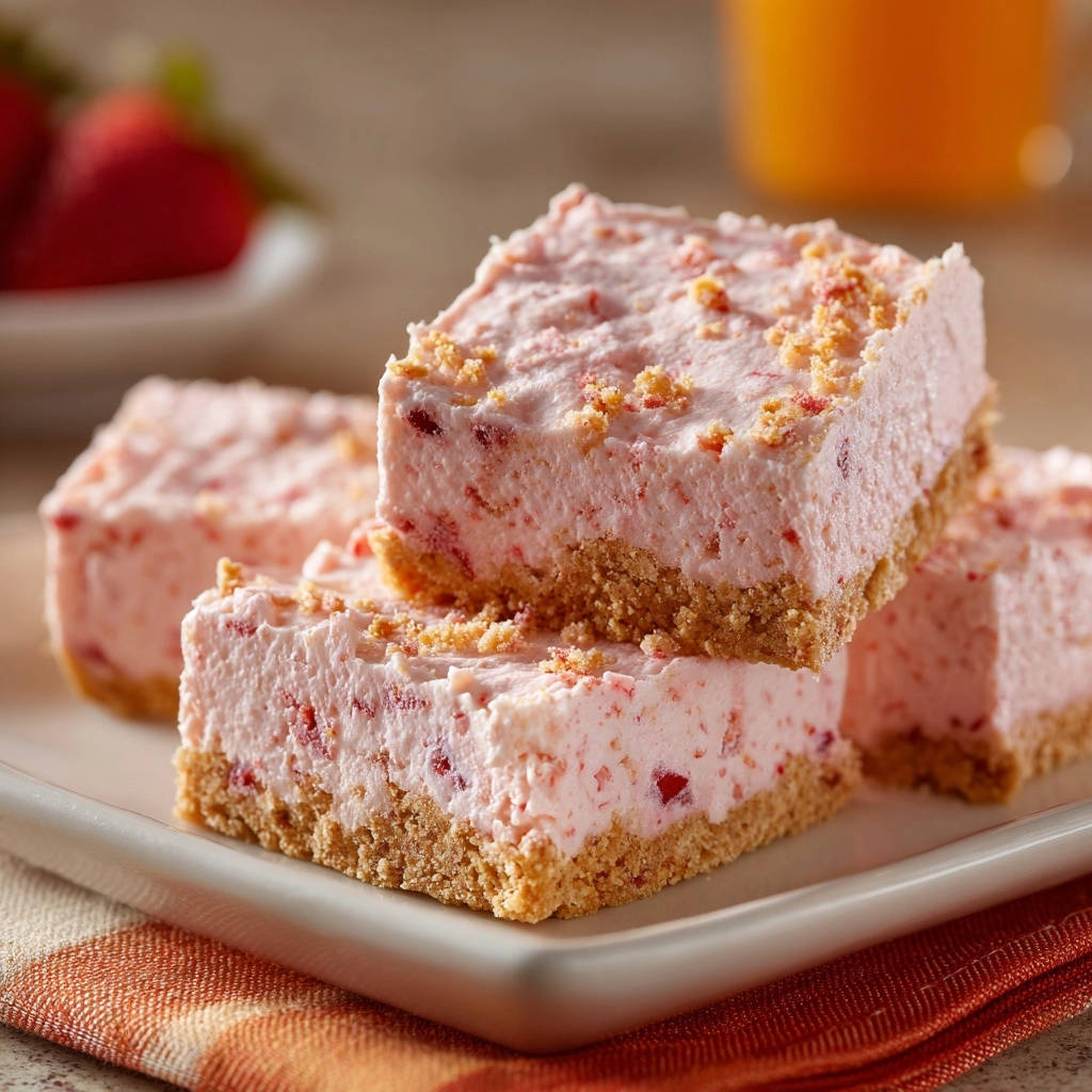 No-bake strawberry cream bars are stacked on a white plate, showcasing their texture and graham cracker crust.