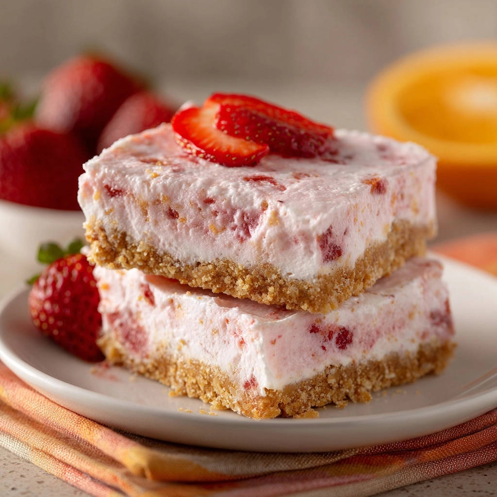 No-bake strawberry cream bars shown stacked on a plate, highlighting their creamy filling and graham cracker crust.