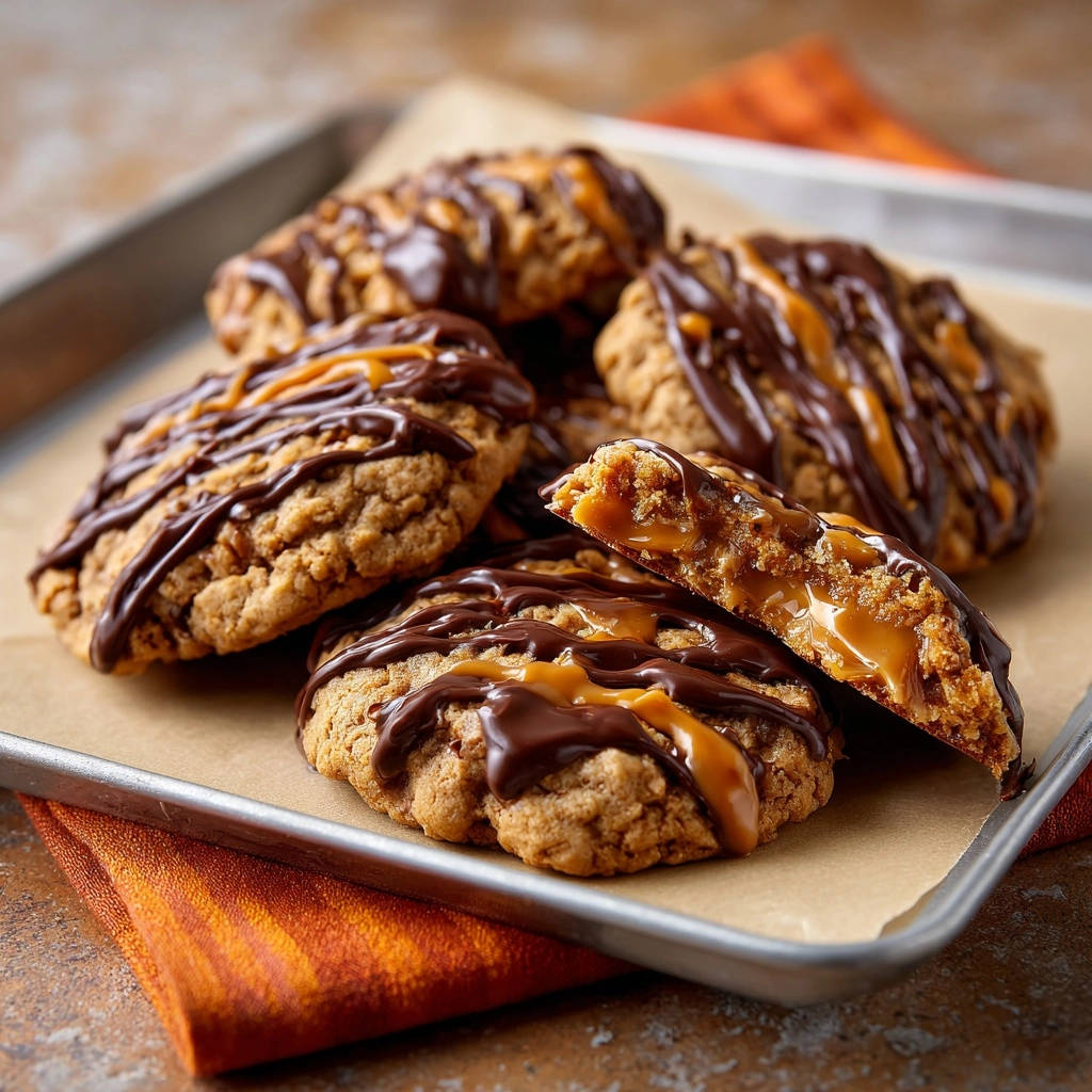 Oatmeal caramel stuffed cookies cross-section revealing a gooey, molten caramel center and chocolate drizzle.