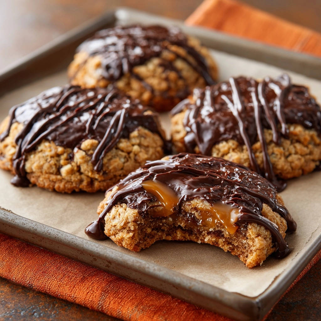 Oatmeal caramel stuffed cookies reveal a gooey caramel center in a close-up cross-section view.