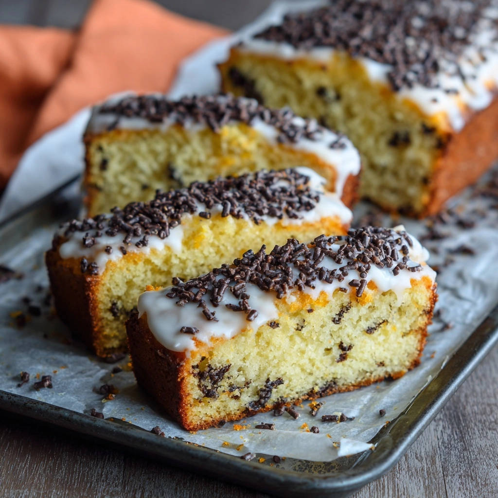 Orange chocolate chip loaf cake cross-section with white glaze and chocolate sprinkles on a baking tray.