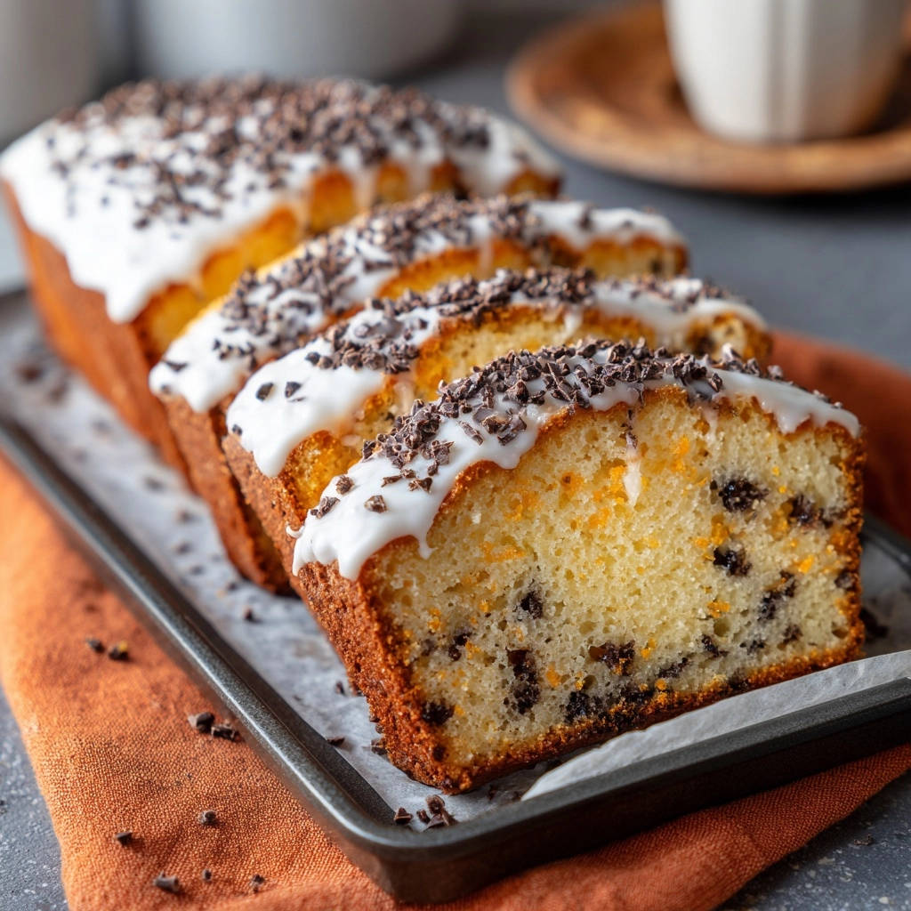 Orange chocolate chip loaf cake cross-section showing a tender crumb with visible chocolate chips and citrus zest.