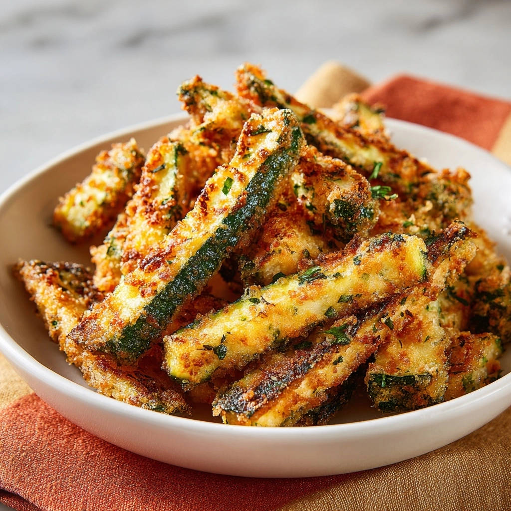 Oven-baked zucchini fries are piled high in a white bowl, showcasing their golden-brown, breaded exterior and fresh herb flecks.