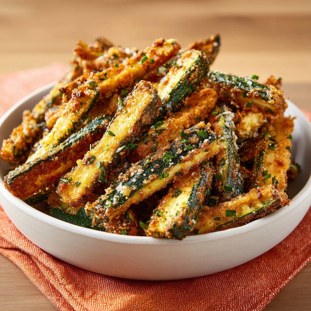 Oven-baked zucchini fries served in a white bowl, sprinkled with parsley and cheese.