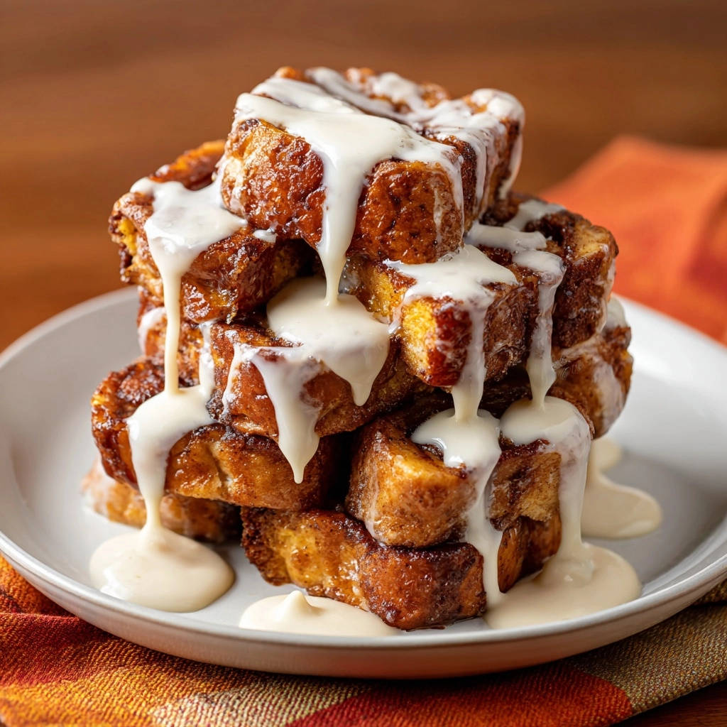 Easy overnight French toast bake with a thick, creamy glaze drizzled over golden brown cubes.