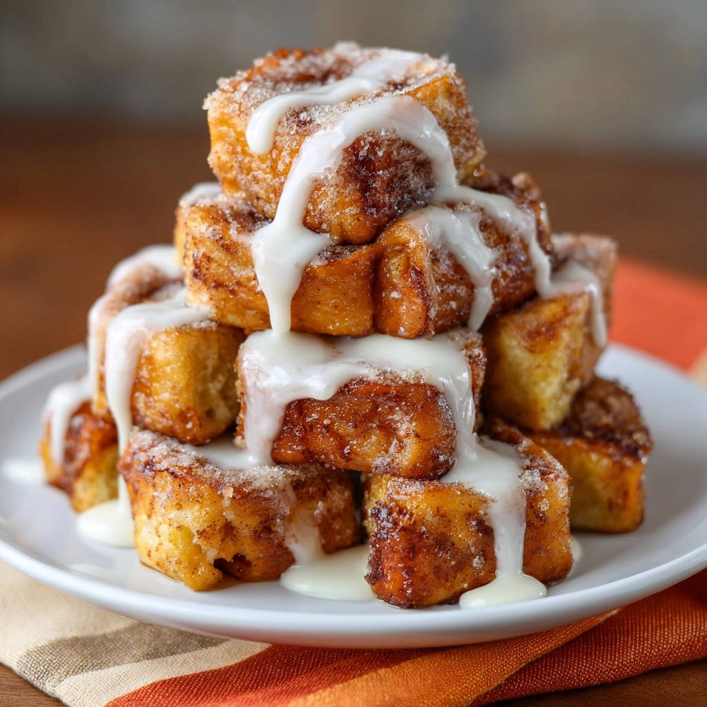 Easy overnight French toast bake stacked high and drizzled with a sweet white glaze.