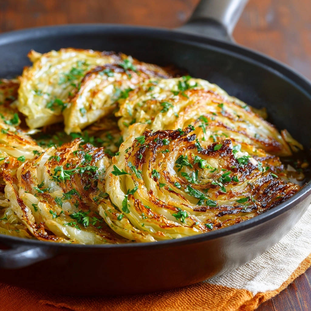 Pan-seared cabbage wedges showing golden-brown sear and fresh parsley garnish in a cast-iron skillet.