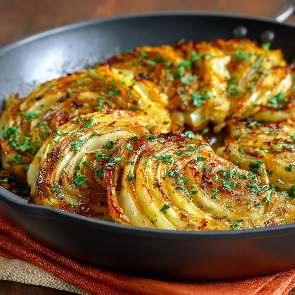 Pan-seared cabbage wedges in a black skillet, golden brown and garnished with chopped parsley.
