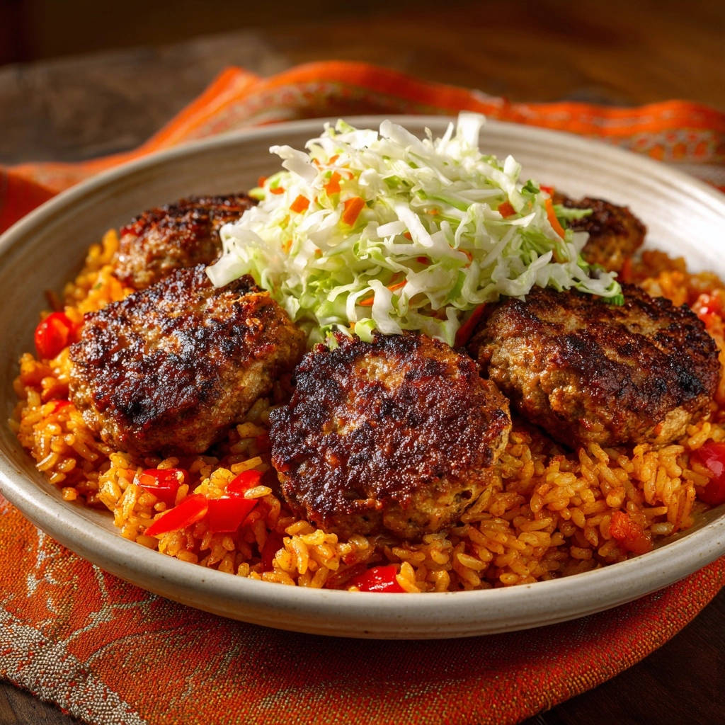 Perfectly pan-seared patties with flavorful rice, a close-up view of a plated serving topped with shredded cabbage.