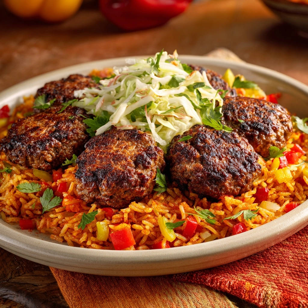 Perfectly pan-seared patties with flavorful rice, shown from an overhead close-up perspective with a fresh slaw topping.