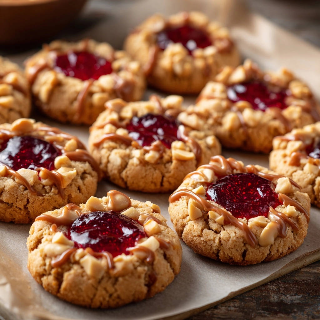 Perfect PB&amp;J Thumbprint Cookies with a close-up view of the detailed peanut and caramel topping.