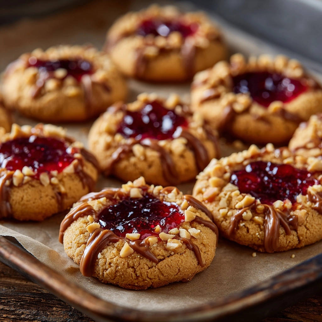 PB&J thumbprint cookies with chopped peanuts and chocolate drizzle, showcasing their sweet and savory toppings.