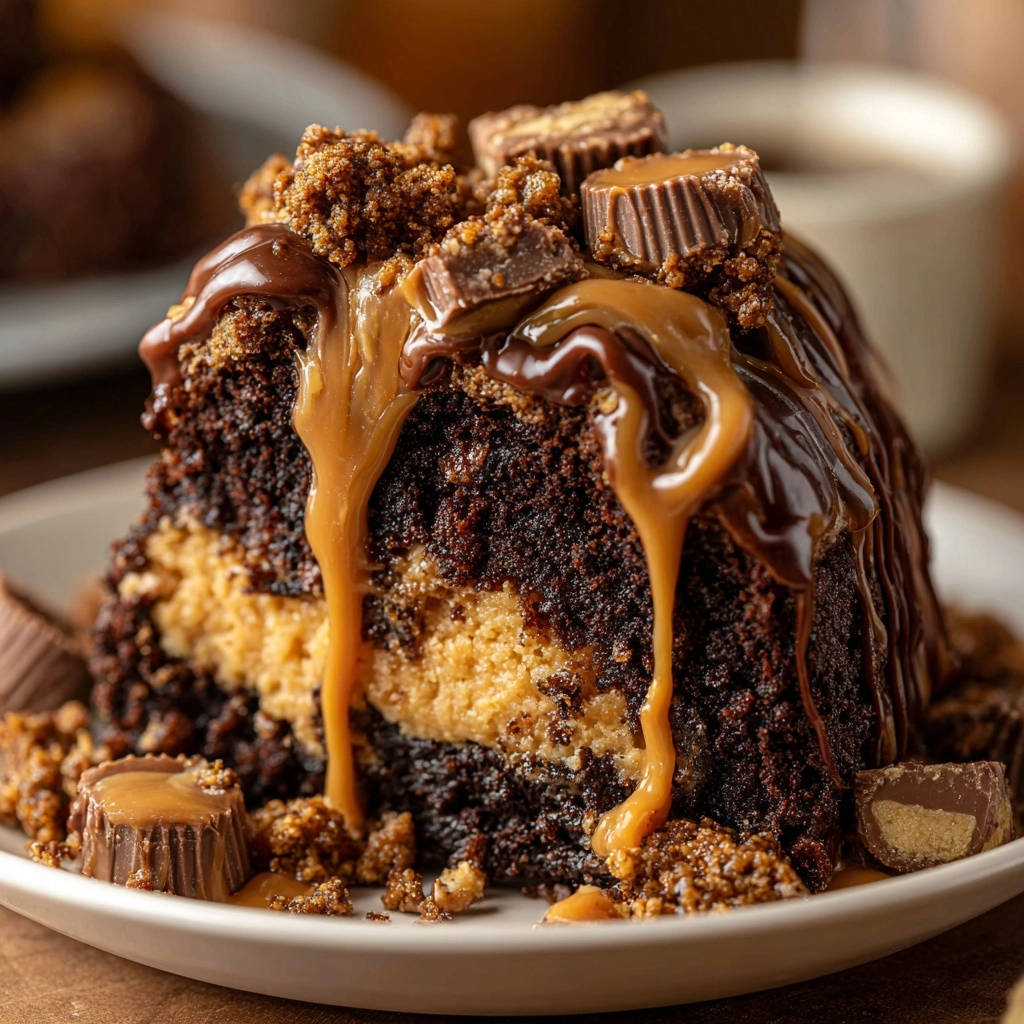 Peanut Butter Chocolate Decadence showing a detailed cross-section slice with gooey caramel and peanut butter filling.