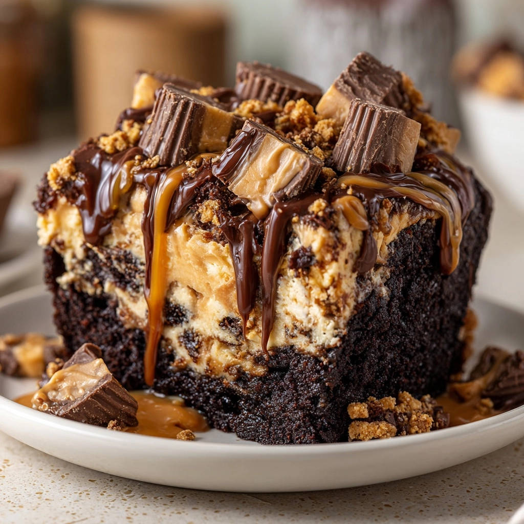 Peanut Butter Chocolate Decadence shown in a close-up cross-section highlighting layers and toppings.