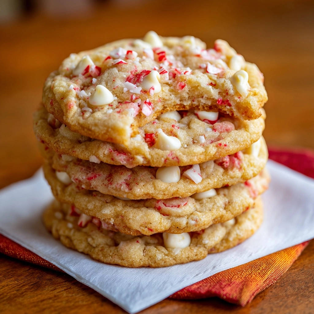 Peppermint white chocolate chip cookies stacked high, showing a bite taken out of the top cookie.