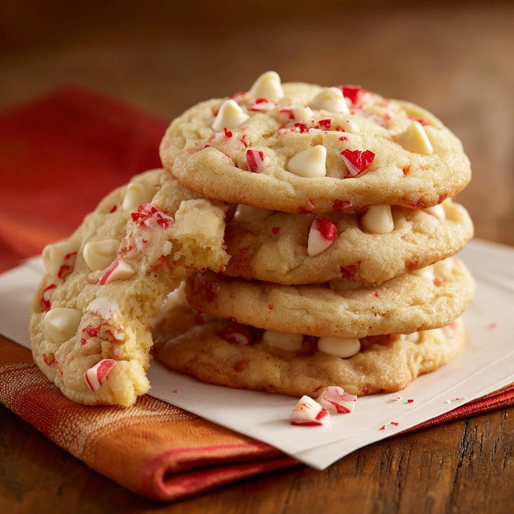 Peppermint white chocolate chip cookies stacked, with one cookie broken open to reveal a soft, chewy interior.
