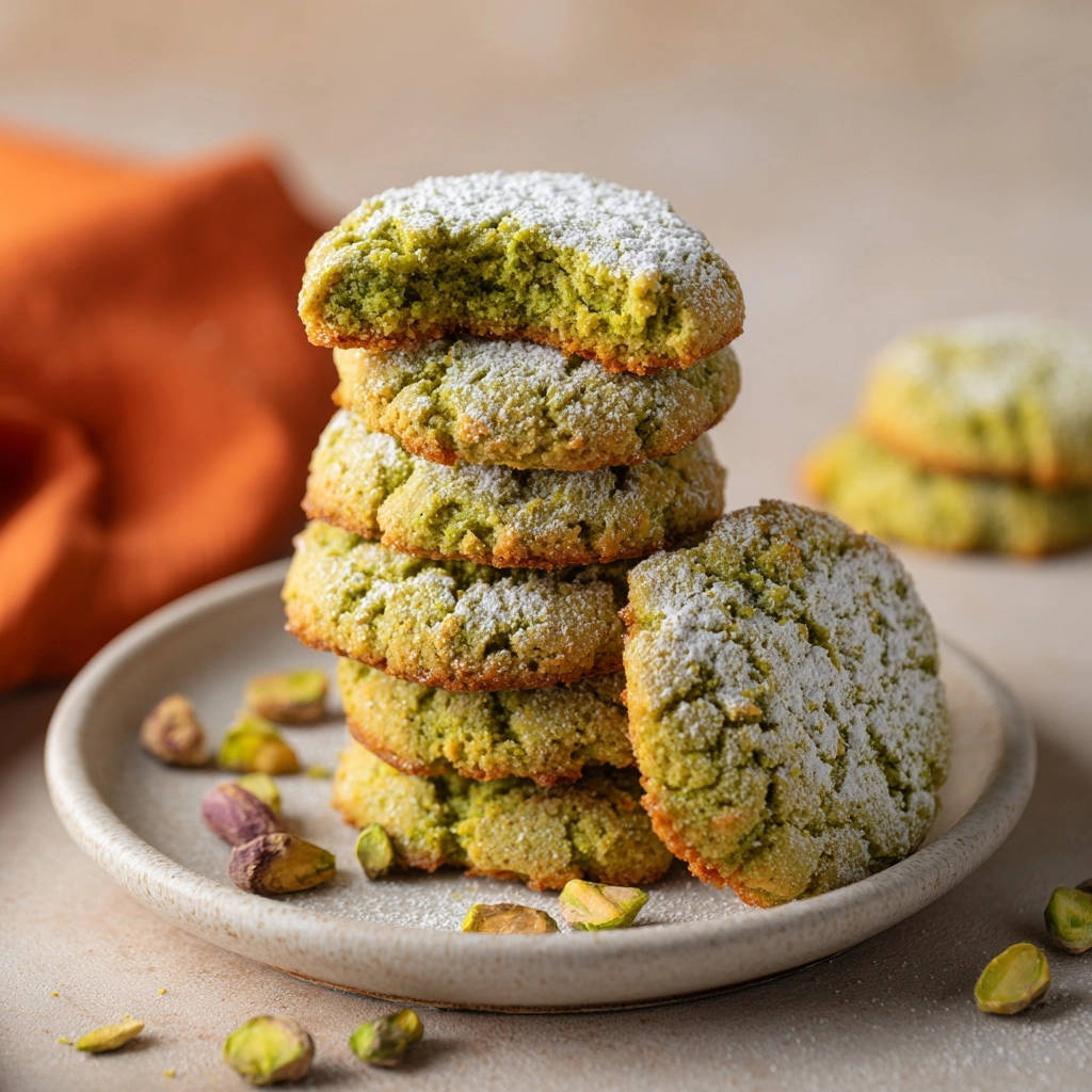 Melt-in-your-mouth pistachio cookies stacked on a plate, with one cookie showing a bite taken out.