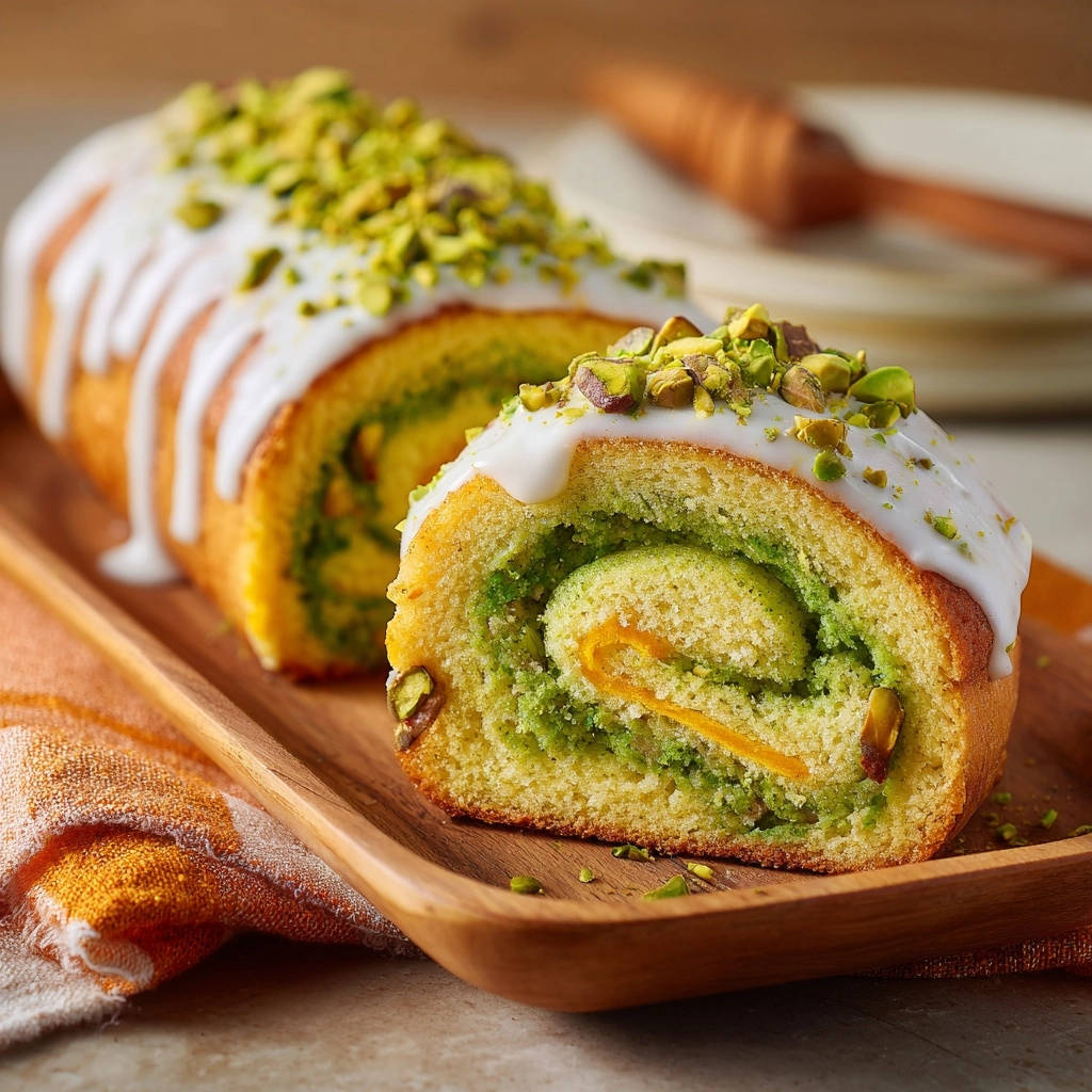 Pistachio swirl roll cake cross-section detail showing vibrant green filling and orange swirl.