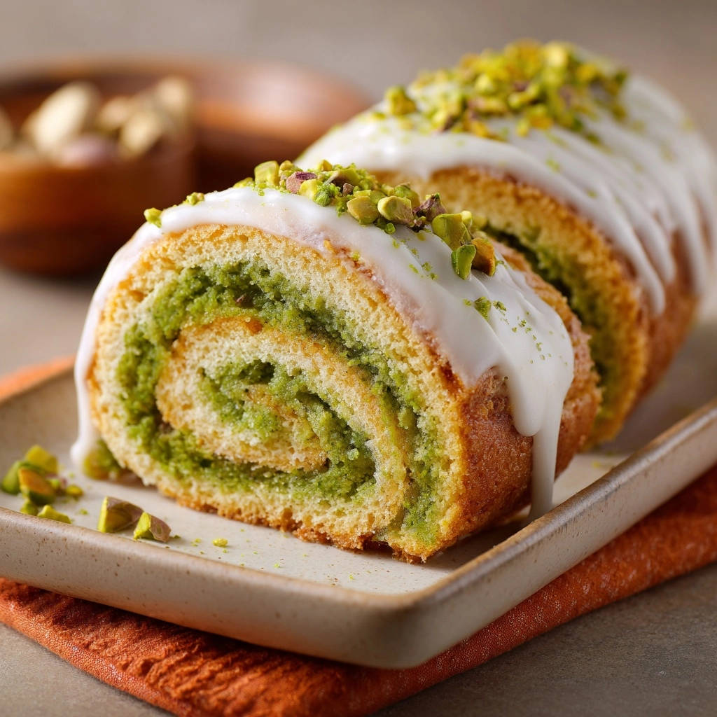 Pistachio swirl roll cake cross-section glazed with white icing and sprinkled with chopped pistachios.