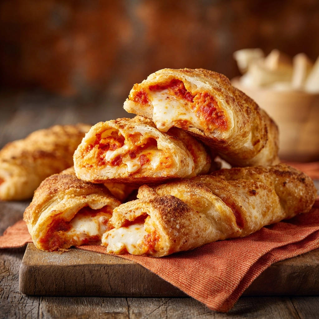 Golden crispy pizza pinwheels shown in a close-up cross-section with gooey melted cheese oozing out.