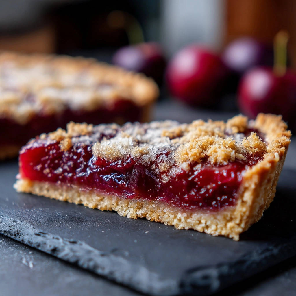 Plum tart cross-section revealing a vibrant filling and crumb topping, showcasing the tart's interior texture.