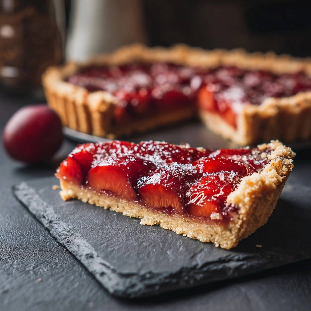 Plum tart slice close-up showing the fruit filling and golden crust on a slate plate.