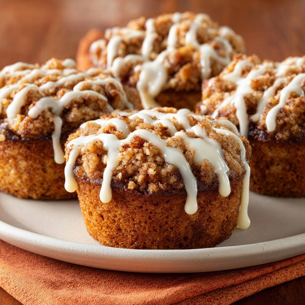 Pumpkin spice crumb cake with a generous drizzle of white glaze and a crumb topping.