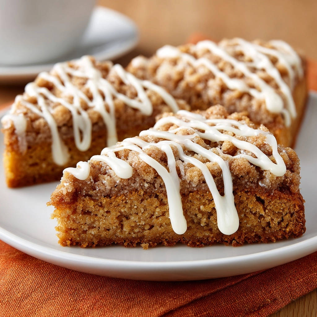 Pumpkin spice crumb cake sliced and drizzled with white icing on a white plate.