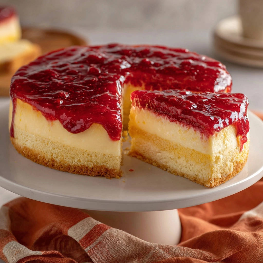 Raspberry layered cheesecake shows a close-up cross-section revealing its creamy filling and cake base.