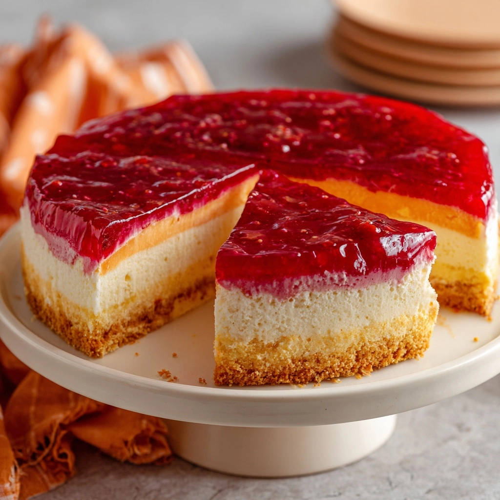 Raspberry layered cheesecake cross-section showing a slice with distinct layers and raspberry topping on a cake stand.