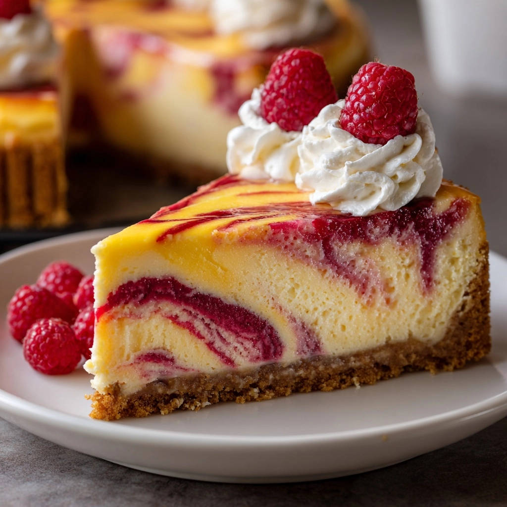 Raspberry swirl cheesecake slice garnished with whipped cream and fresh raspberries on a white plate.