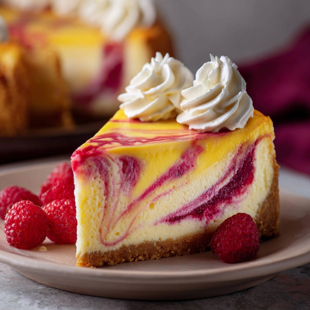 Raspberry swirl cheesecake slice topped with whipped cream and fresh raspberries on a plate, showcasing the marbled interior.