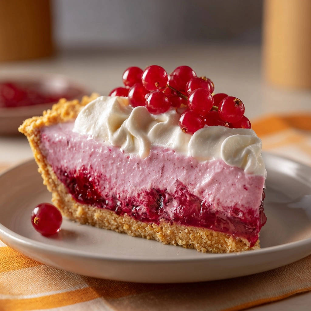 Red Berry Dream Pie: a slice showing its layered berry filling and creamy topping, garnished with fresh red currants.