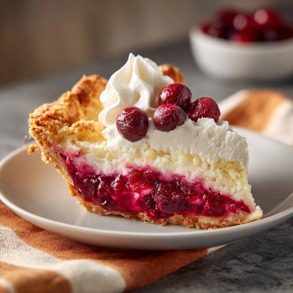 Red Berry Dream Pie slice showing layers of berry filling and cream topping with fresh berries.