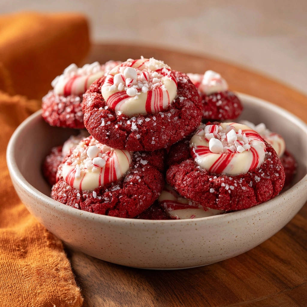 Festive red velvet crinkle cookies with white chocolate and crushed candy canes piled high in a bowl.