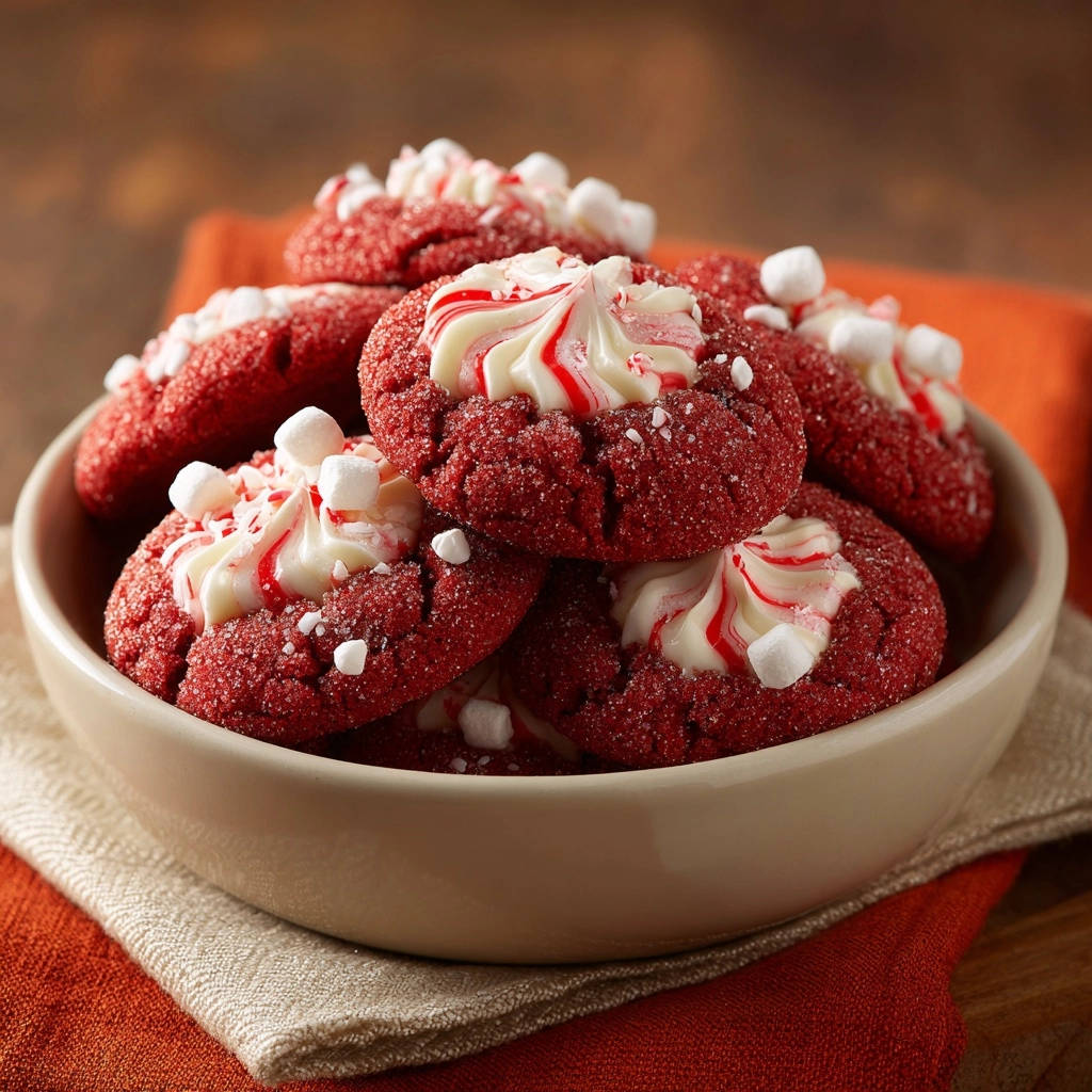 Festive red velvet crinkle cookies with white and red swirled icing and mini marshmallows piled in a bowl.