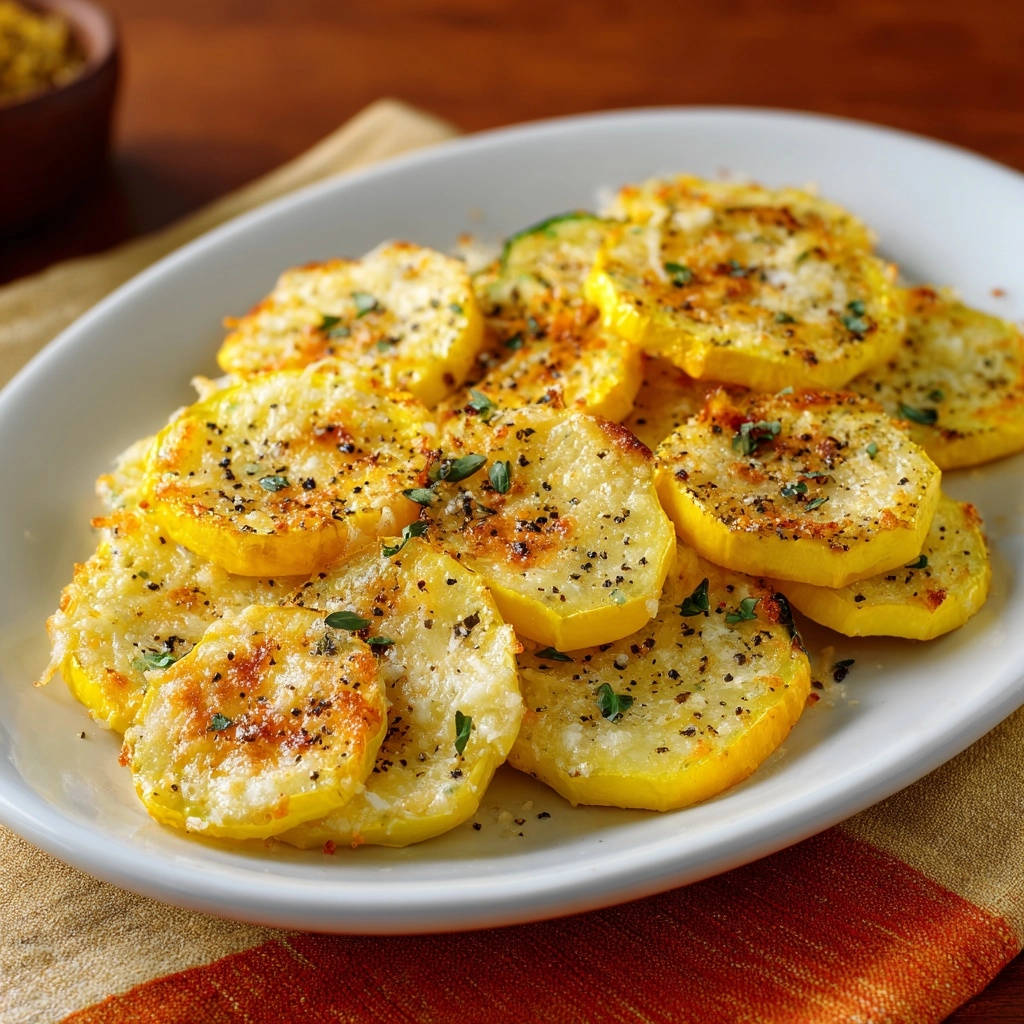 Roasted Parmesan Squash Slices served on a white plate, generously seasoned and garnished with fresh herbs.