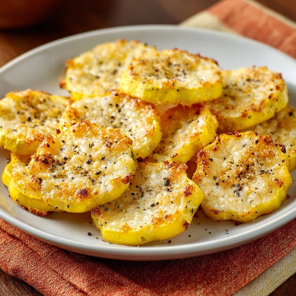 Roasted Parmesan Squash Slices piled on a white plate, seasoned with black pepper and showing a golden-brown crust.