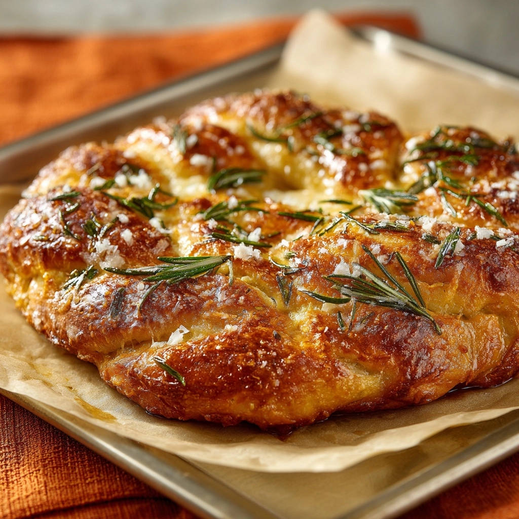 Rosemary garlic focaccia with coarse salt and fresh rosemary sprigs sprinkled on top.