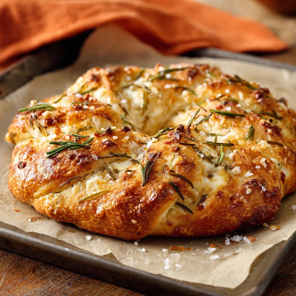 Rosemary garlic focaccia, a golden-brown round loaf, is generously topped with fresh rosemary sprigs and coarse sea salt.