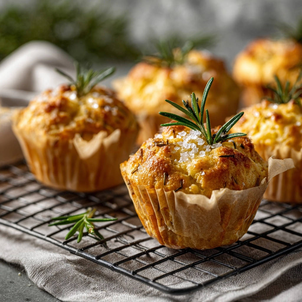 Savory Rosemary Salt Muffins cooling on a wire rack, garnished with fresh rosemary sprigs and coarse sea salt.