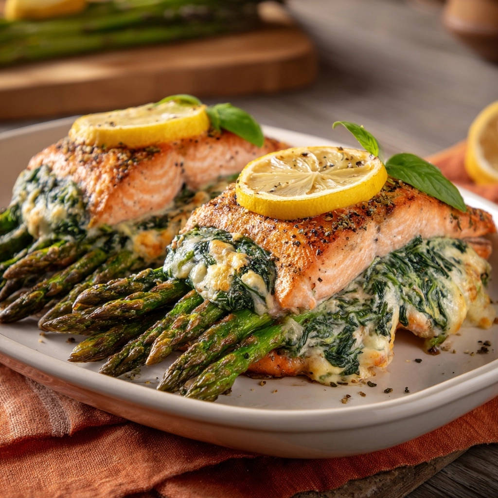 Salmon &amp; Asparagus with Creamy Spinach plated on a white dish, viewed from the side with a close-up on the filling.