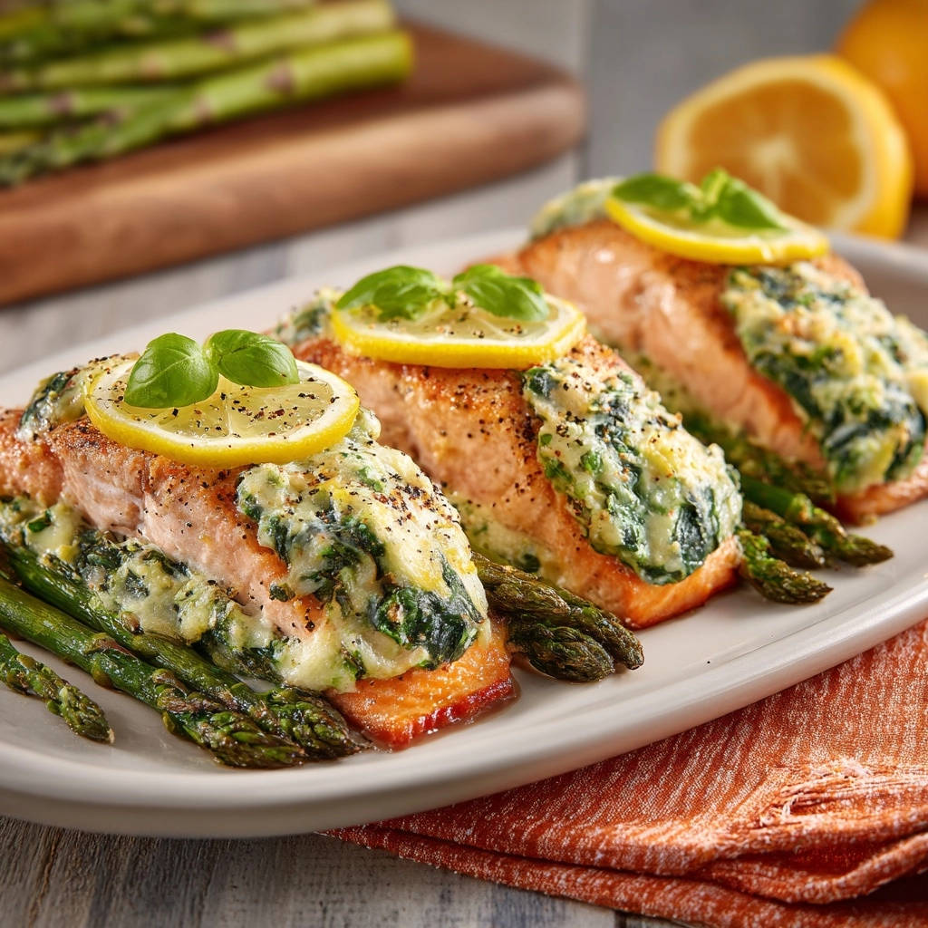 Salmon and asparagus with creamy spinach, plated and garnished with lemon slices and basil.
